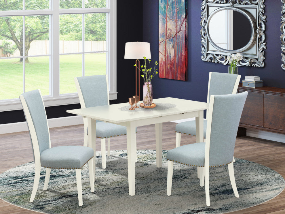 A Dining Set Of 4 Chairs, Baby Blue Color, Dinner Table, Linen White Color