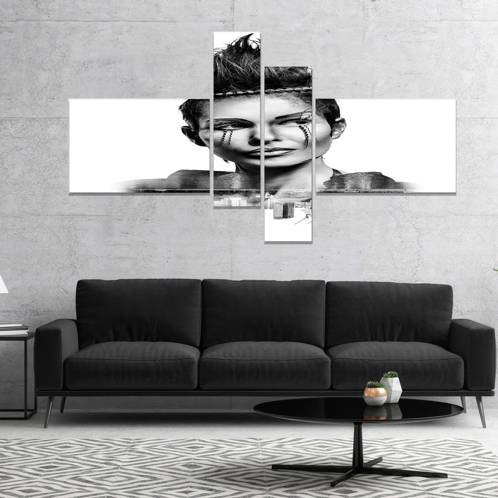 Double Exposure Woman With Hair, Portrait Canvas Art Print, 60"x32", 4 panels