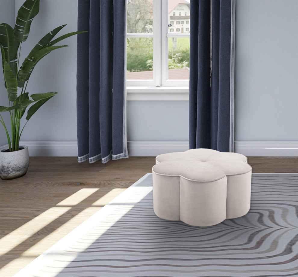 Daisy Velvet Upholstered Ottoman, Cream, 32" W x 32" D