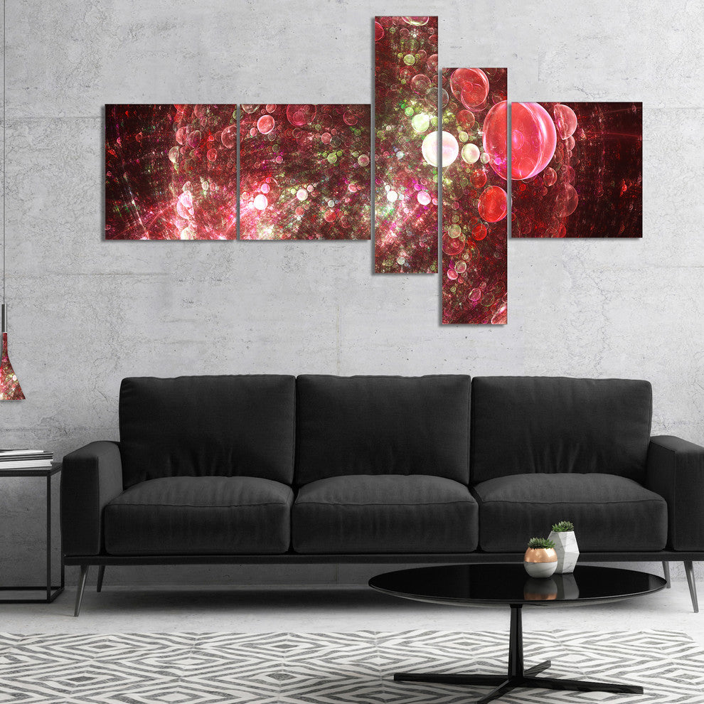 Red Spherical Planet Bubbles, Abstract Canvas Art Print, 60"x32", 5 panels