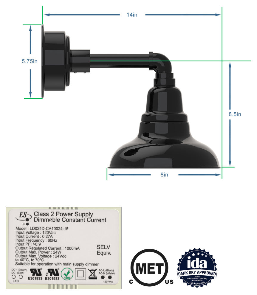 8in.  Black Gooseneck Barn Light with Cosmopolitan Arm