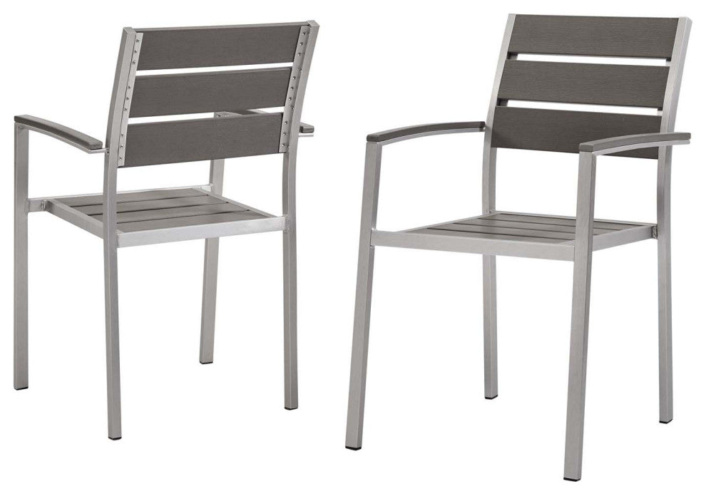Side Dining Chair Armchair, Set of 2, Aluminum, Metal, Silver Gray, Outdoor