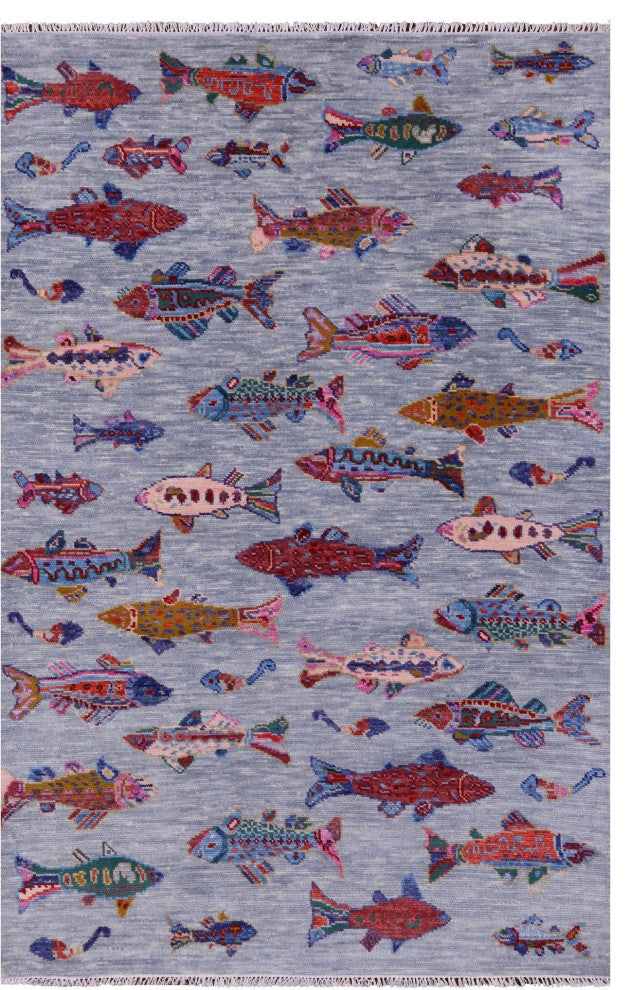 Gabbeh Fish Design Handmade Rug 5' 1" X 8' 0" - Q15880