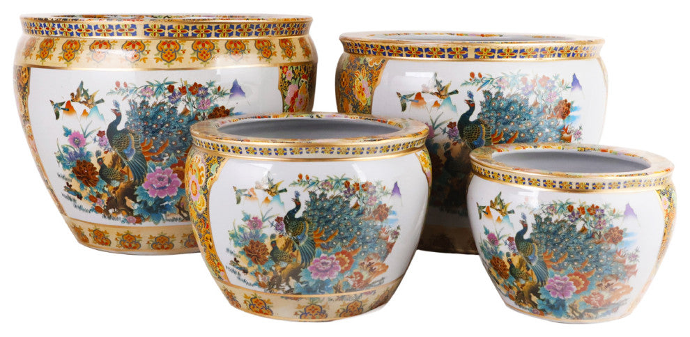 Chinese Porcelain Fish Bowl Planter, Satsuma Peacocks, 14"