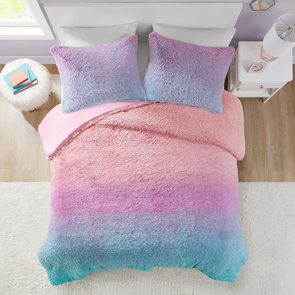 Mi Zone Primrose Ombre Shaggy Faux Fur Comforter Set, Purple Multi