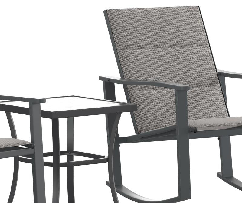 Brazos 3 Piece Outdoor Rocking Chair & Glass Top Table Set, Gray/Black