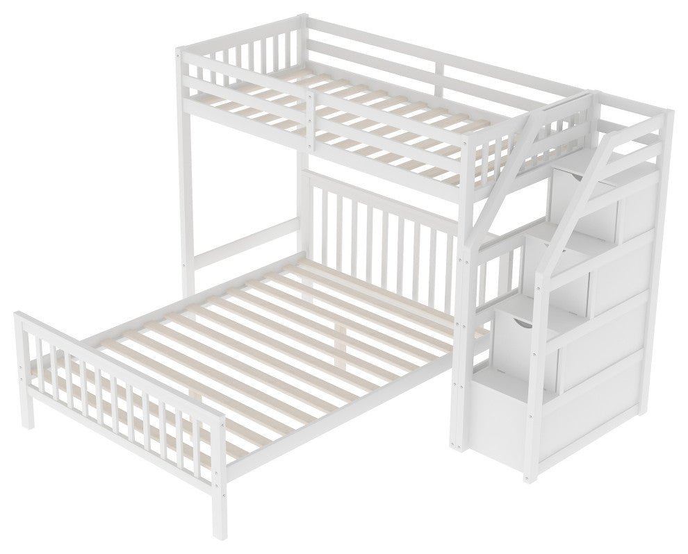 Versatile Design-Twin Over Full Loft Bed, with Staircase, White