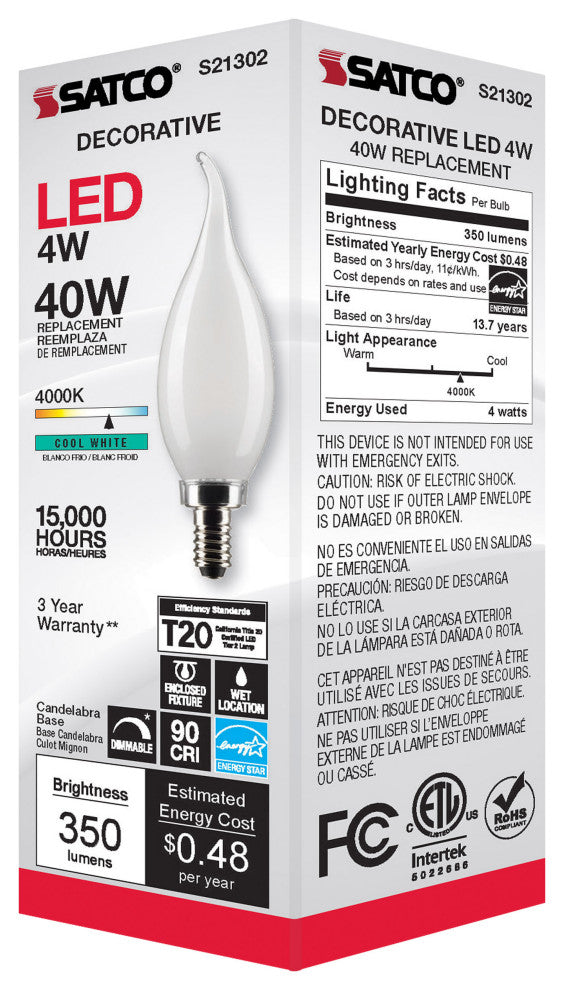 4W CA10 LED, Frost, Candelabra Base, 90 CRI, 4000K, 120V