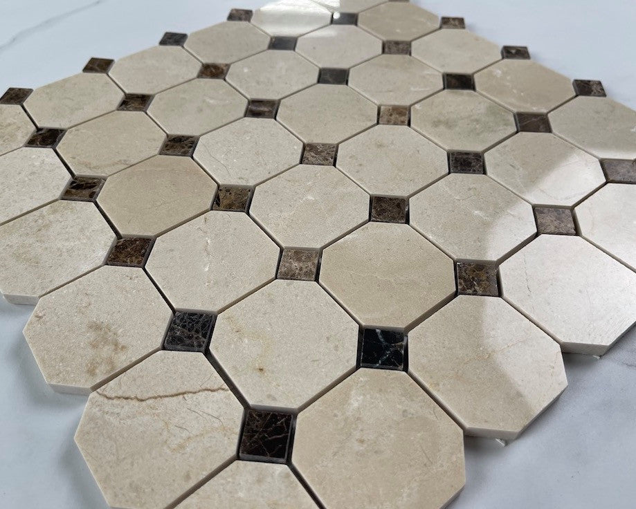 Crema Marfil Marble 2 inch Octagon Mosaic Tile Emperador Dots Polished, 1 sheet