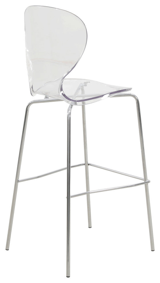 LeisureMod Oyster Acrylic Barstool With Steel Frame in Chrome Finish, Clear