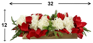 Hydrangea Holiday Arrangement with Bows in a Wood Planter
