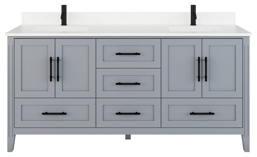 Houston 72" Double Vanity With Power Bar and Drawer Organizer, Oxford Gray
