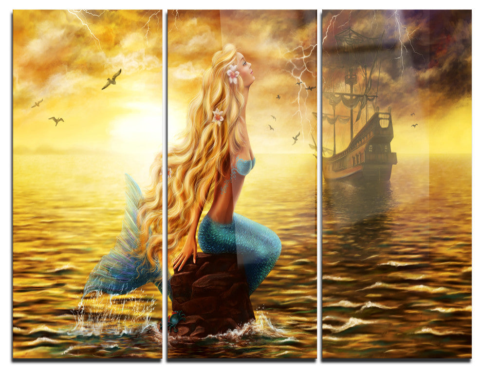 "Sea Mermaid With Ghost Ship" Digital Metal Wall Art, 3 Panels, 36"x28"