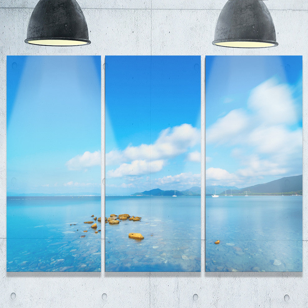 "Rocks in a Blue Panoramic Sea Bay" Metal Wall Art, 3 Panels, 36"x28"