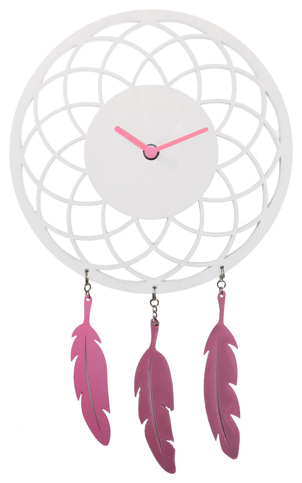 Dreamcatcher Wall Clock, Wood and Metal, White and Pink, Battery Operated