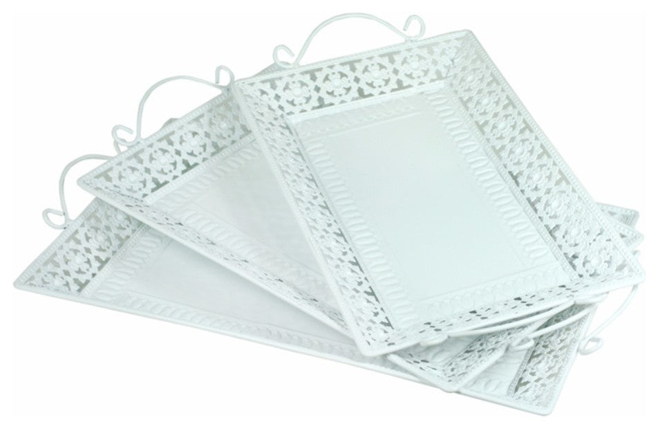 Metal Tray With Handle, Set Of 3, White