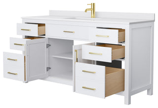 Beckett 66" White Single Vanity, White Cultured Marble Top, Gold Trim