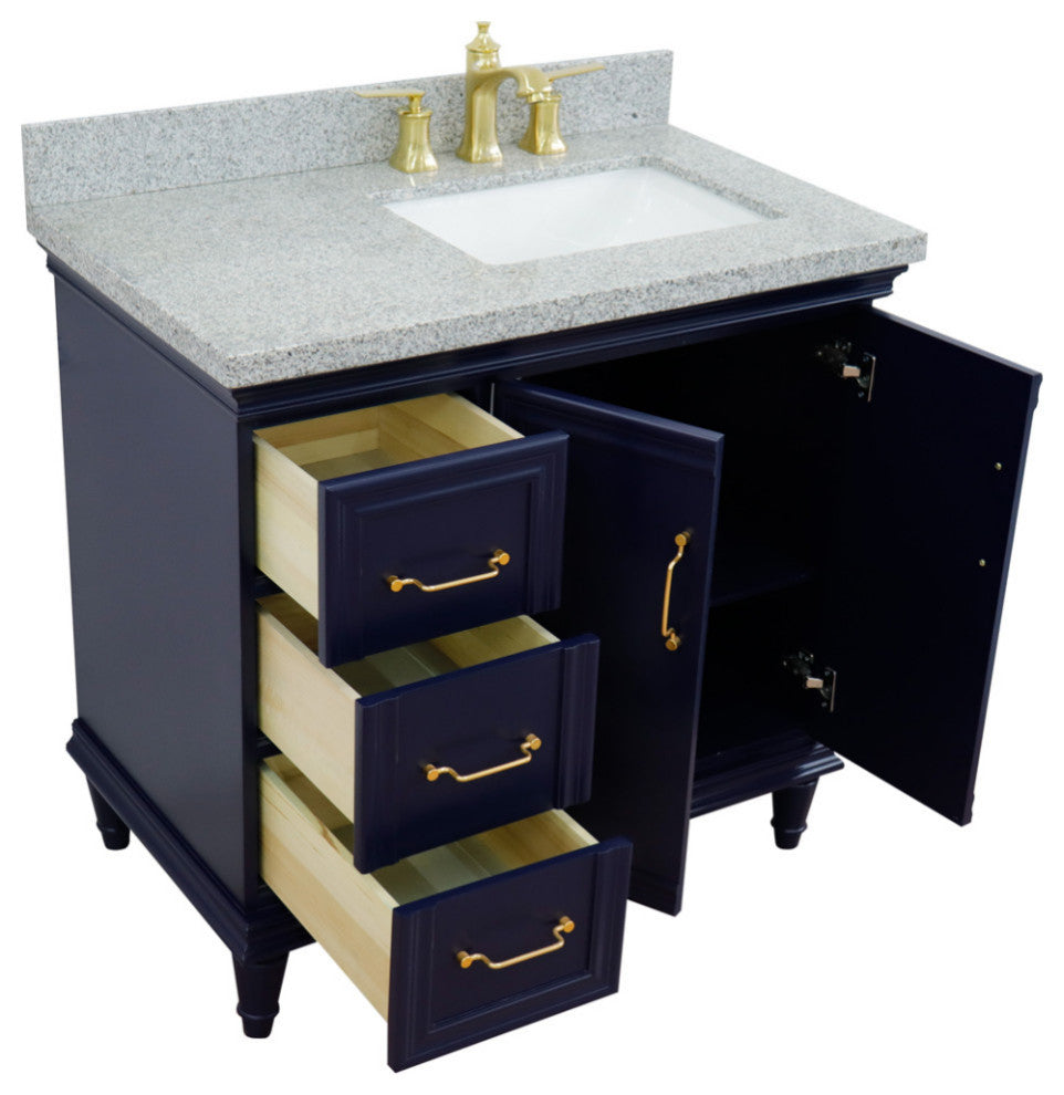 37" Single Vanity, Blue Finish With Gray Granite
