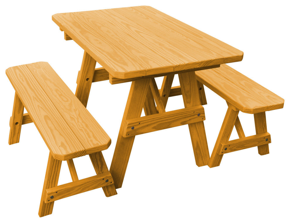 Pine Traditional Table With 2 Benches, Natural Stain, 4 Foot, 2 Benches