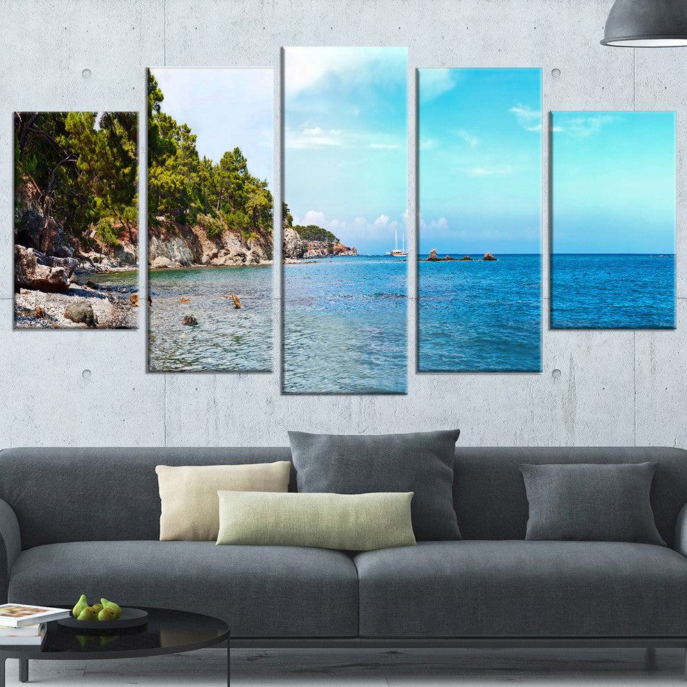 "Wild Blue Beach Panorama View" Seashore Wall Art, 5 Panels, 60"x32"