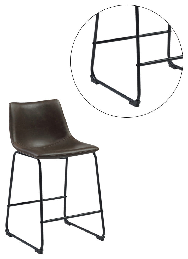 Set of 2 Faux Leather Counter Height Stools, Brown and Black