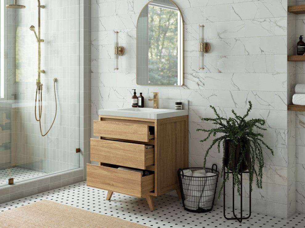 Madison Teak 30 Single Sink Bath Vanity in Light Natural 2" Carrara Quartz