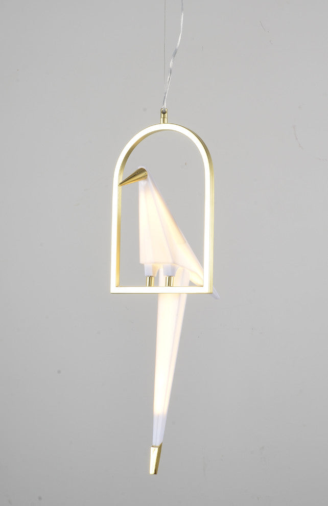 Led Single Pendant Bird Light, White, Gold Frame