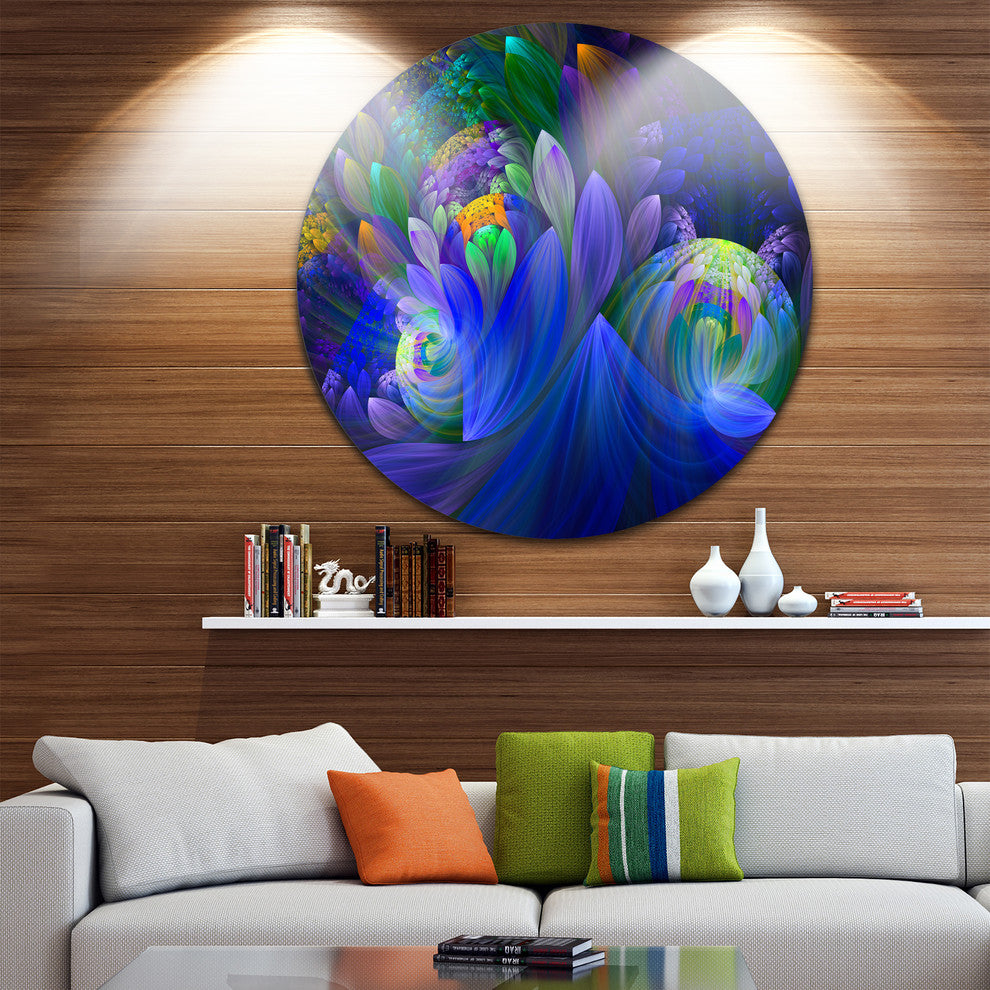Blue Fractal Flower Bouquet, Floral Abstract Disc Metal Wall Art, 23"