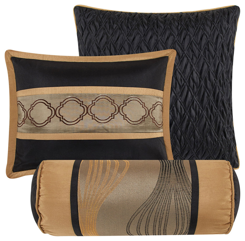 Kath 7-Piece Jacquard Comforter Set, Black Gold, Queen