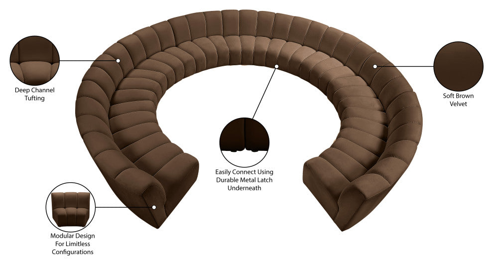 Infinity Channel Tufted Velvet Modular Chair, Brown, 11 Piece