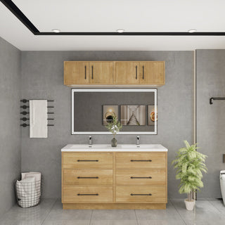 Victoria 60" Double Sink Solid Wood Vanity, Overhead Cabinet, Oak