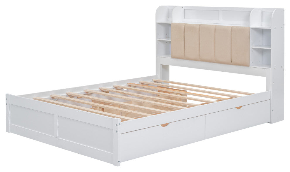 Gewnee Wood Queen Size Platform Bed with Storage Headboard