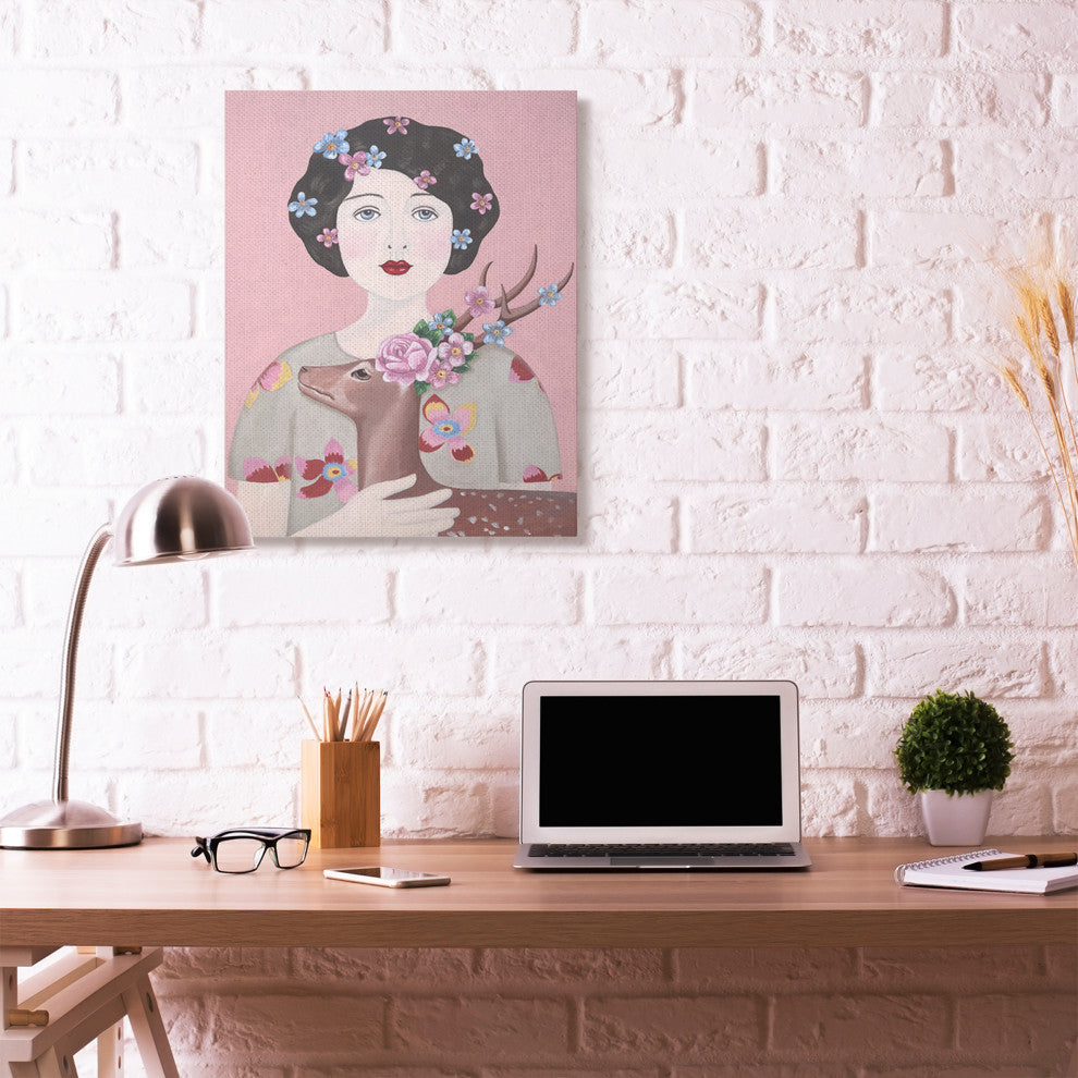 Woman And Deer Pink Animal Painting, 30"x40"