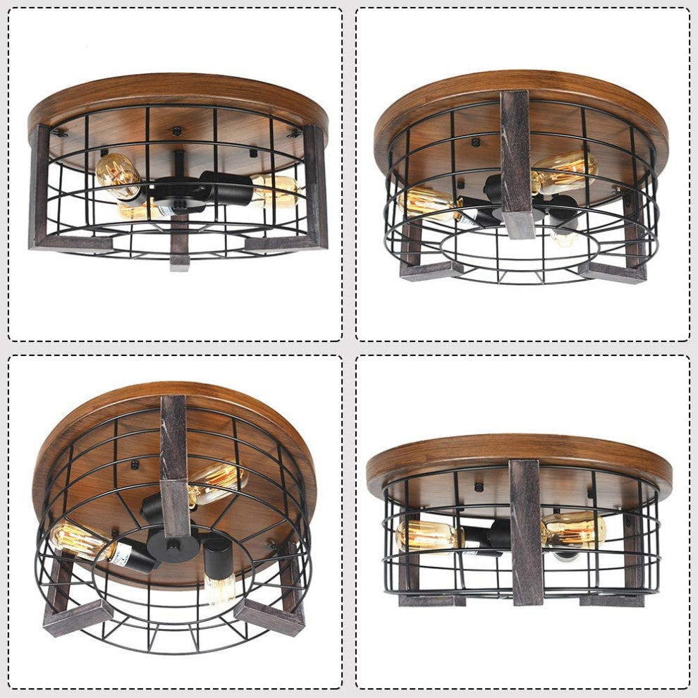 Wood Farmhouse Flush Mount Ceiling Light 2 light rust cage ceiling lamp