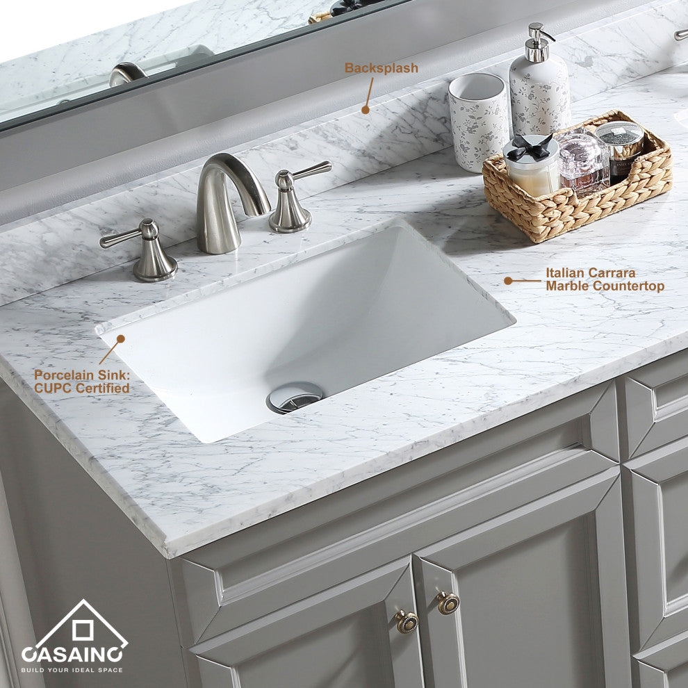 CASAINC 60" Marble Top Double Sink Bathroom Vanity with Mirror, Gray