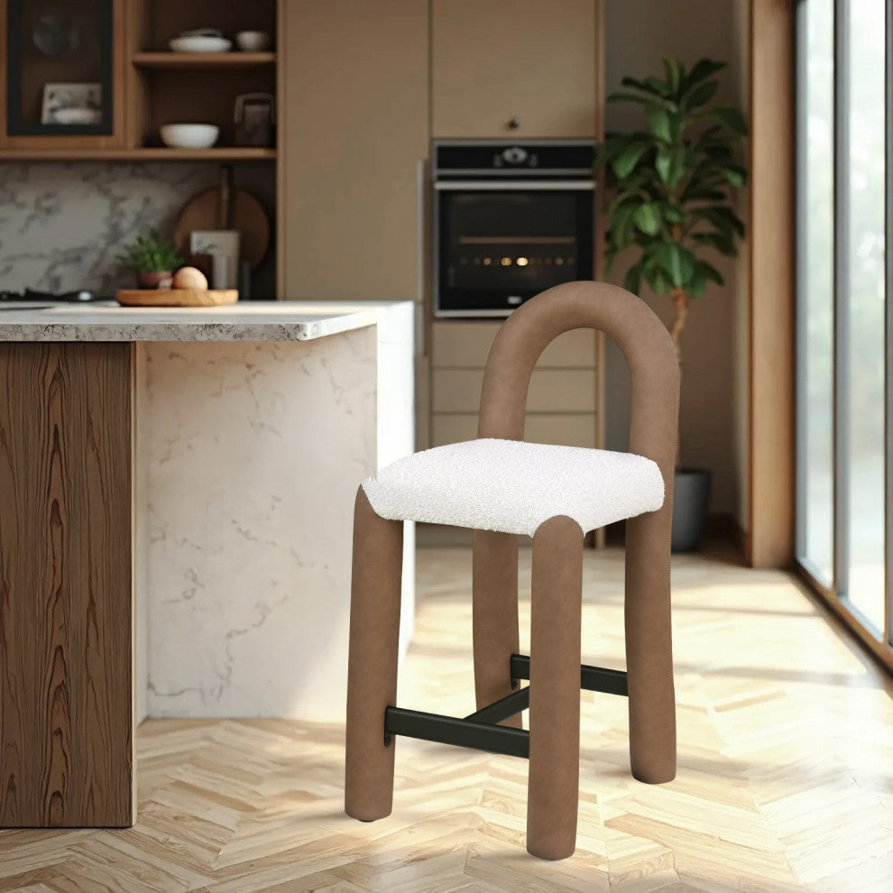 Amari Upholstered Bar and Counter Stool, Brown, Boucle Fabric and Vegan Leather