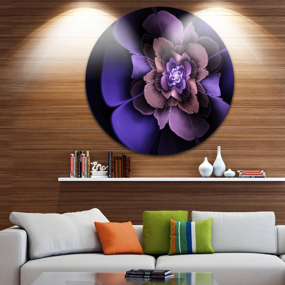 Blue Fractal Flower In Dark, Floral Abstract Art Round Wall Art, 11"
