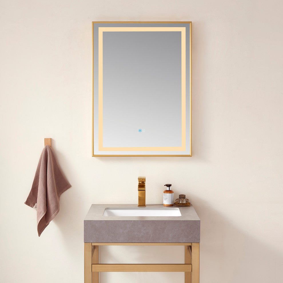 Horizontal Rectangular LED Wall Mount Bathroom Mirror, Gold, 24"