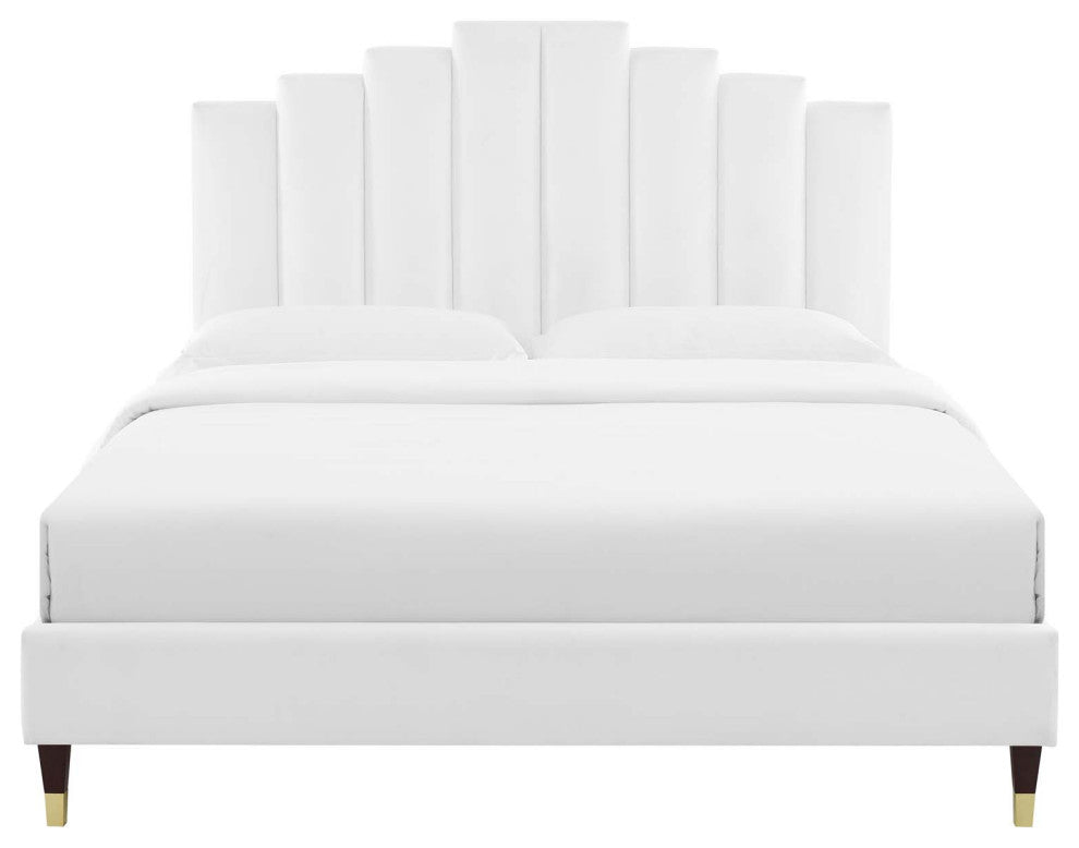 Platform Bed Frame, Full Size, Velvet, White, Modern Contemporary, Bedroom