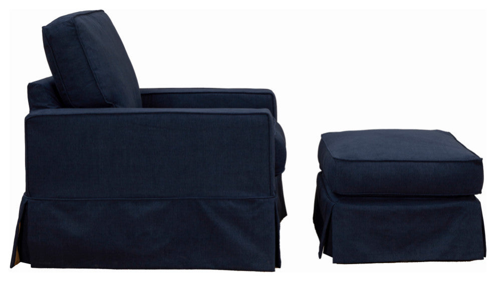 Box Cushion Track Arm Chair and Ottoman Set Fabric Navy Blue
