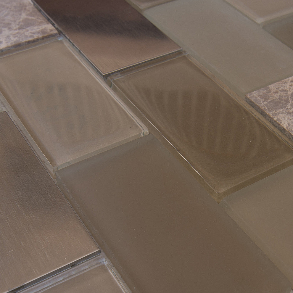 12"x12" Glass, Stone and Metal Mosaic Tile, Zamora, Big Brick, Set of 5