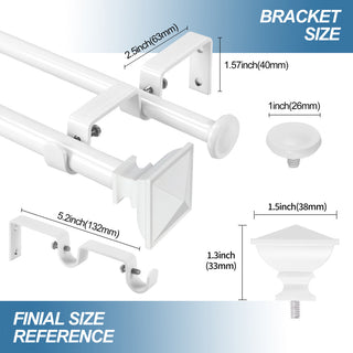 Square Urn Adjustable Double Curtain Rod Set, 5/8", White, 48"-84"