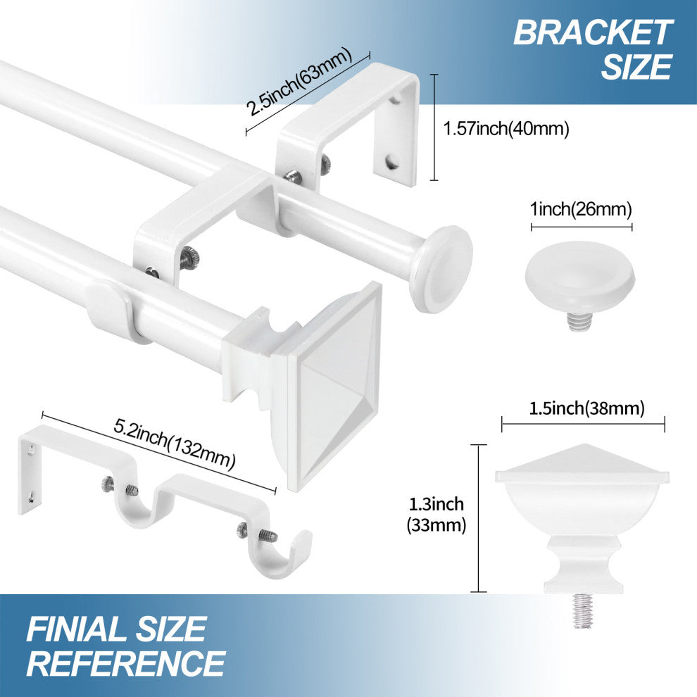 Square Urn Adjustable Double Curtain Rod Set, 5/8", White, 48"-84"
