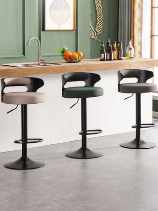 Minimalistic Black Leg Leather Bar Chair, Khaki, Black Backrest