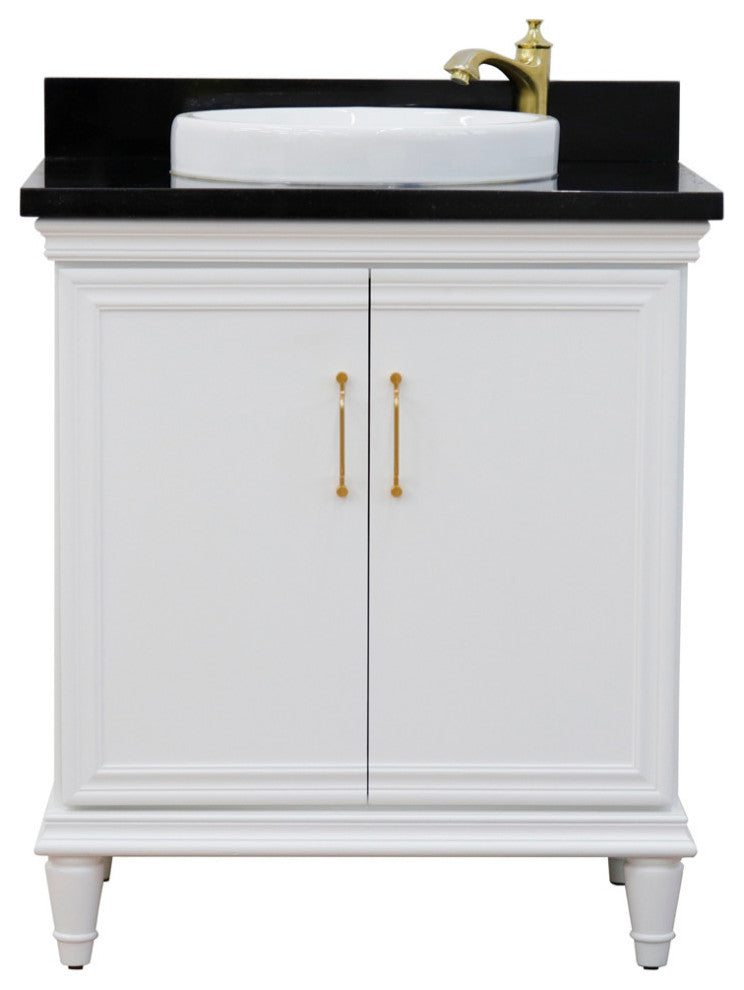 31" Single Vanity, White Finish With Black Galaxy And Round Sink
