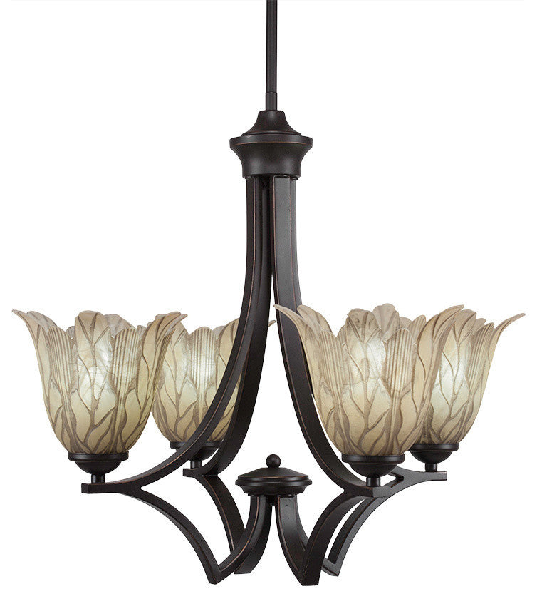 Zilo 4 Light Chandelier, Dark Granite Finish With 7" Vanilla Leaf Glass