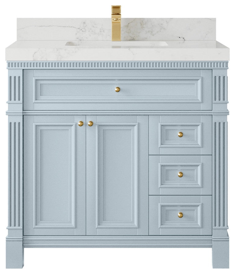 Paris 36" Center Sink Bathroom Vanity, Blue Heather 2" Calacatta Nuvo