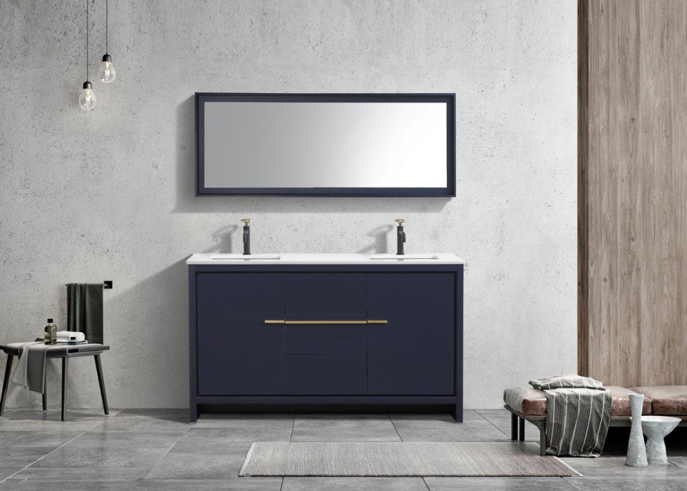 Dolce 60" Double Sink Vanity, White Quartz Countertop, High Gloss White, Blue