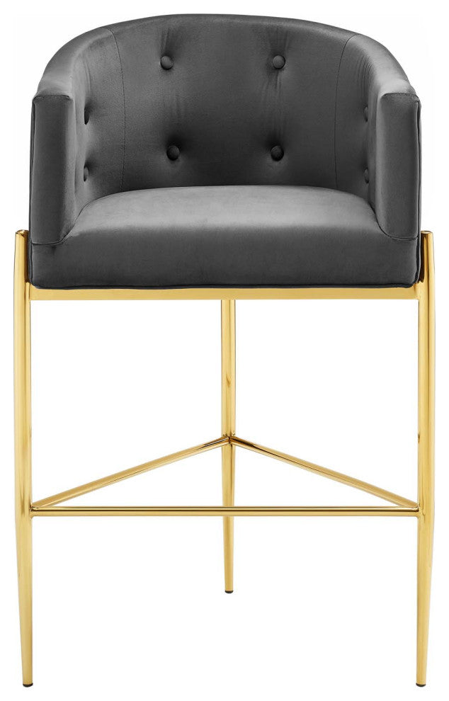 Tufted Bar Stool Chair Barstool, Set of 2, Velvet, Dark Gray, Pub Cafe Bistro