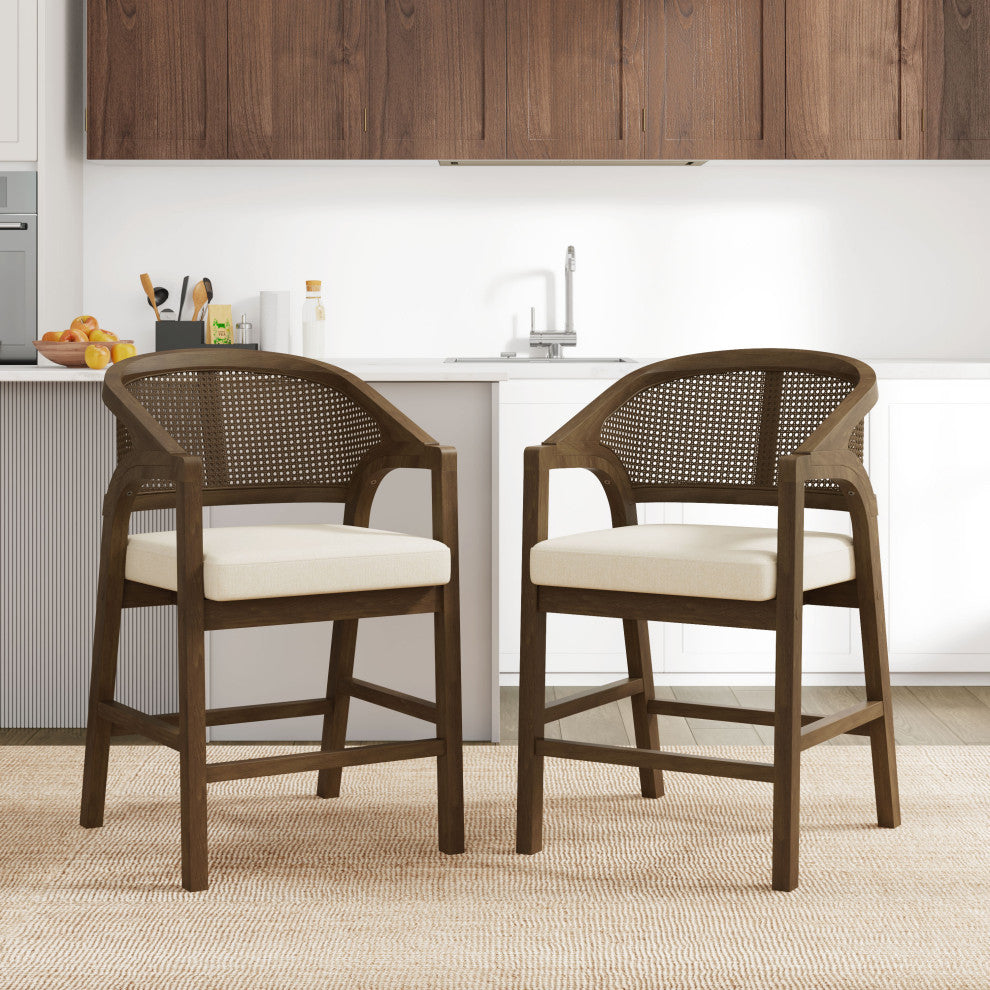 GDF Studio Rattan Back 24.25" Counter Stools, Wooden Frame, Walnut + Beige, Set of 2
